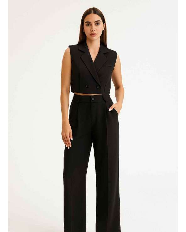 Conjunto Chaleco Corto sin mangas y pantalón palazzo en negro y beige