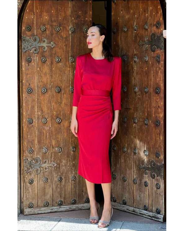 Vestido Luna elegante midi con mangas tres cuartos y cinturon- Mujer