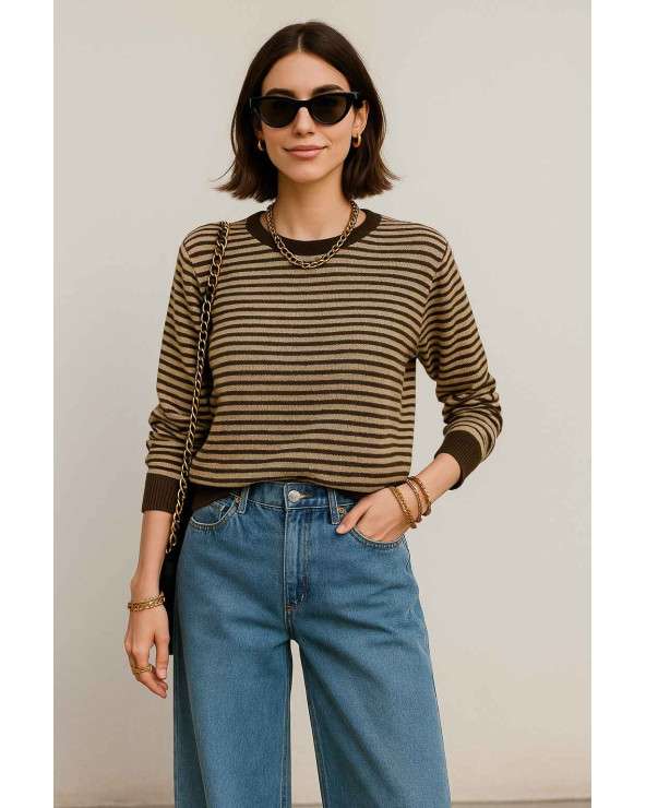 Jersey de Rayas en marrón, gratane y negro, de punto fino, elegante