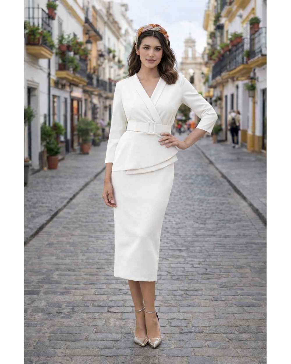 Vestido Faina, vestido midi elegante con cinturón y escote cruzado