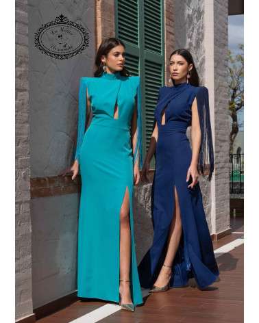 Vestido Adriana Largo de fiesta azul con apertura