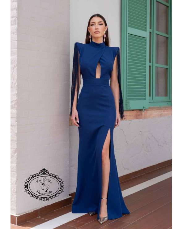 Vestido Adriana Largo de fiesta azul con apertura