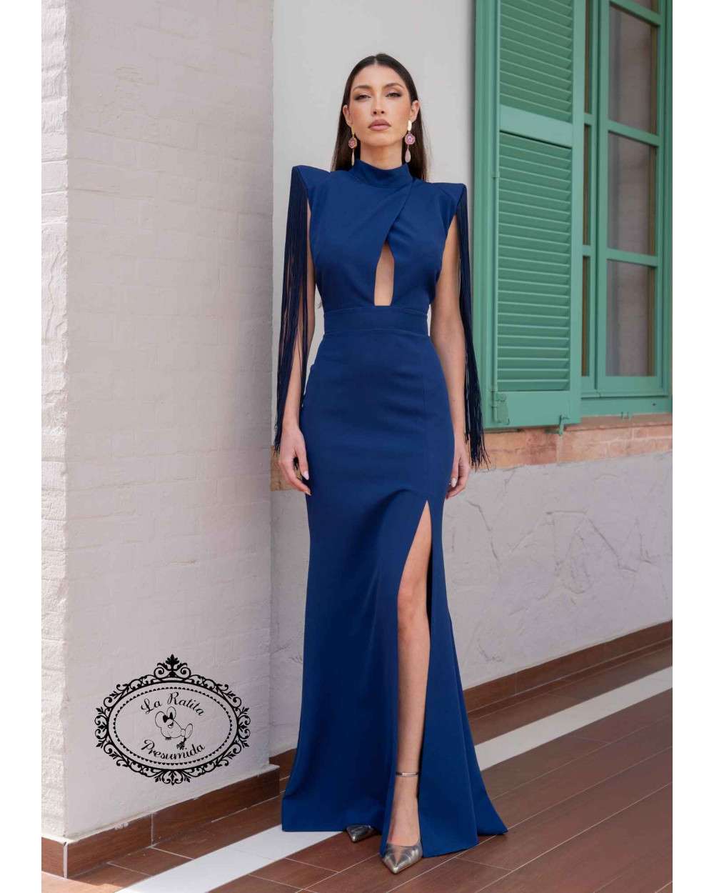 Vestido Adriana Largo de fiesta azul con apertura Vestido Adriana Largo de fiesta azul con apertura