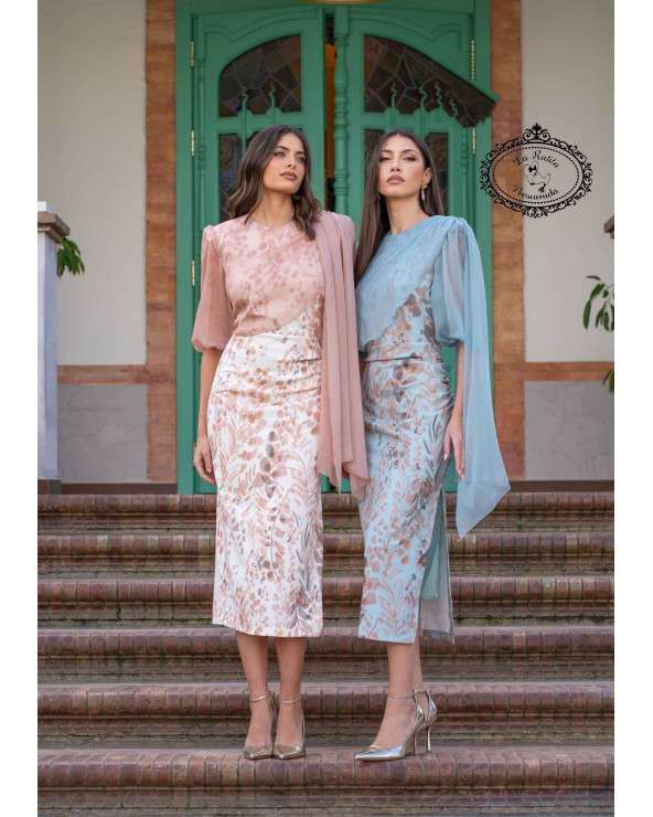 Vestido Elen, midi marron arrosado empolvado. Invitada Perfecta