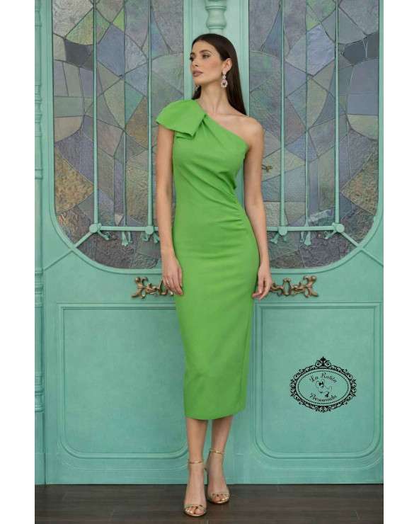 Vestido Verde Asimétrico de Invitada Midi con Lazo en Hombro