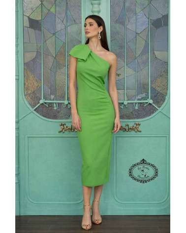 Vestido Verde Asimétrico de Invitada Midi con Lazo en Hombro