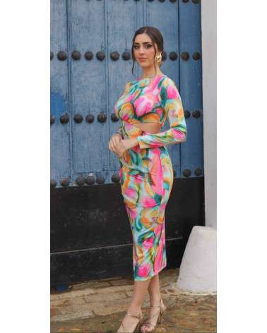 Vestido Luna midi ajustado multicolor con abertura lateral