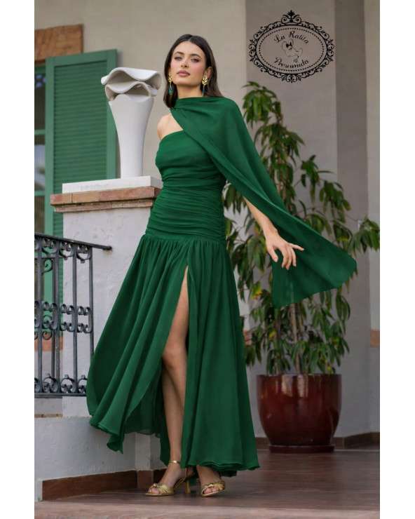 Vestido largo verde asimétrico con capa | Elegante