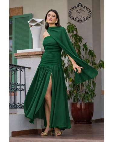 Vestido largo verde asimétrico con capa | Elegante