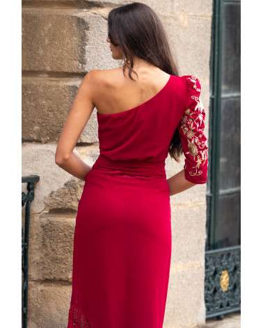 Conjunto flamenco Rojo bordado con flecos - Top Asimétrico y falda mid