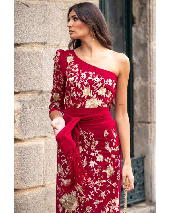Conjunto flamenco Rojo bordado con flecos - Top Asimétrico y falda mid