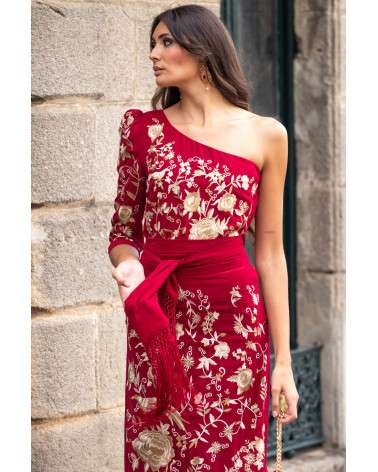 Conjunto flamenco Rojo bordado con flecos - Top Asimétrico y falda mid