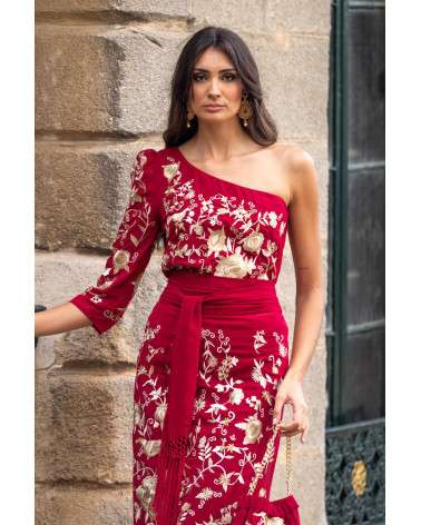 Conjunto flamenco Rojo bordado con flecos - Top Asimétrico y falda mid