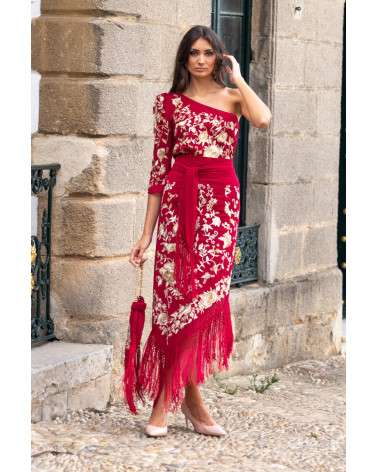 Conjunto flamenco Rojo bordado con flecos - Top Asimétrico y falda mid