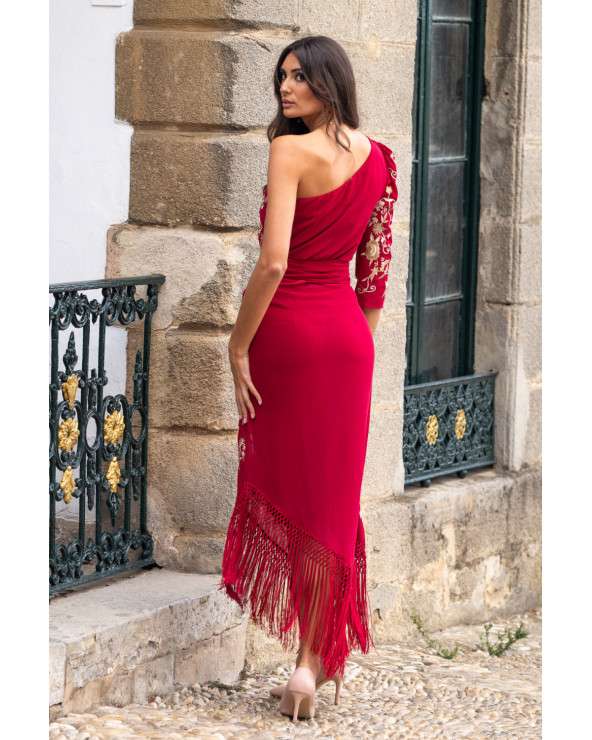 Conjunto flamenco Rojo bordado con flecos - Top Asimétrico y falda mid