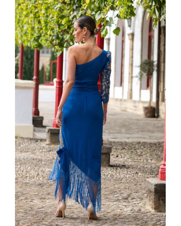 Vestido Flamenco Azul Bordado con flecos, Elegancia y Estilo