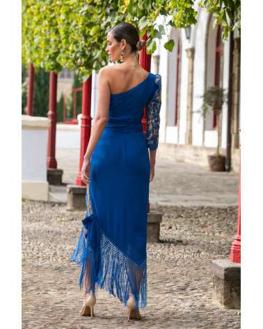 Vestido Flamenco Azul Bordado con flecos, Elegancia y Estilo