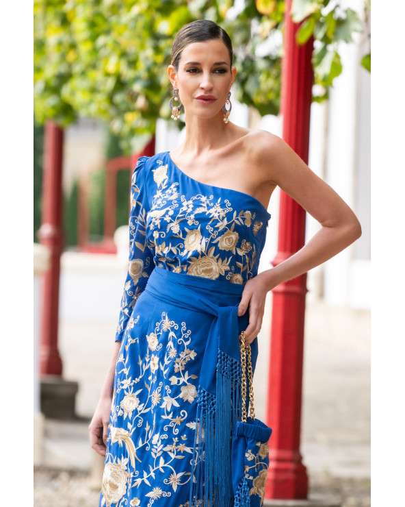 Vestido Flamenco Azul Bordado con flecos, Elegancia y Estilo