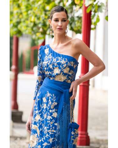 Vestido Flamenco Azul Bordado con flecos, Elegancia y Estilo