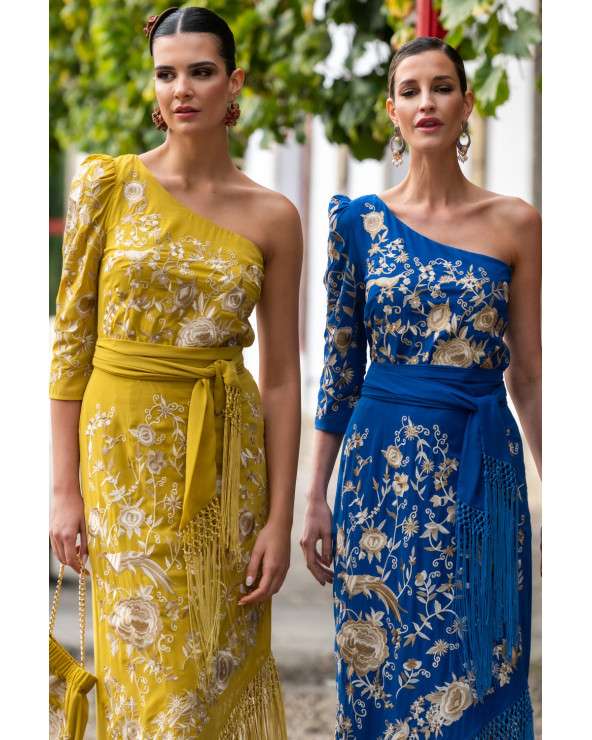 Vestido Flamenco Azul Bordado con flecos, Elegancia y Estilo