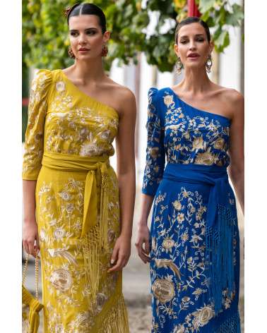 Vestido Flamenco Azul Bordado con flecos, Elegancia y Estilo