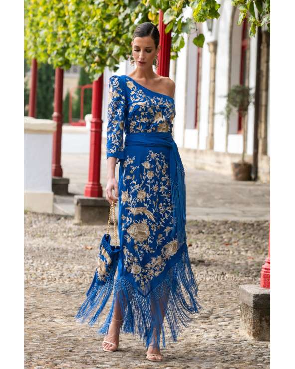Vestido Flamenco Azul Bordado con flecos, Elegancia y Estilo