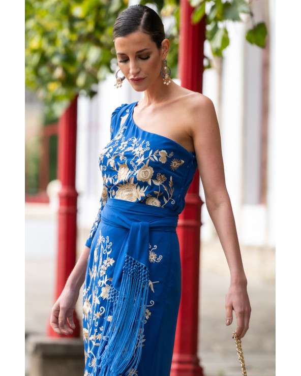 Vestido Flamenco Azul Bordado con flecos, Elegancia y Estilo
