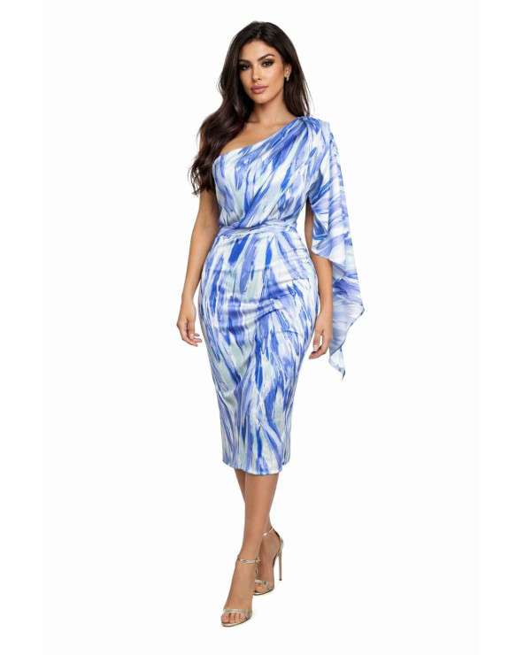 Vestido Gala midi asimétrico azul estampado con manga capa