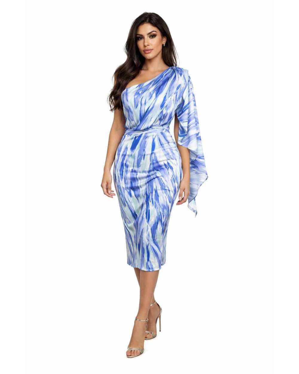 Vestido Gala midi asimétrico azul estampado con manga capa