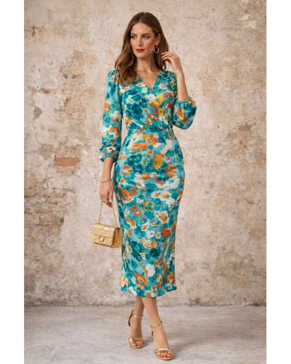 Conjunto Midi floral verde agua con escote en pico y manga larga