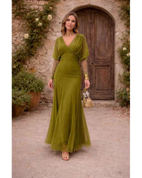 Vestido Kora largo verde oliva con escote en pico y manga vaporosa