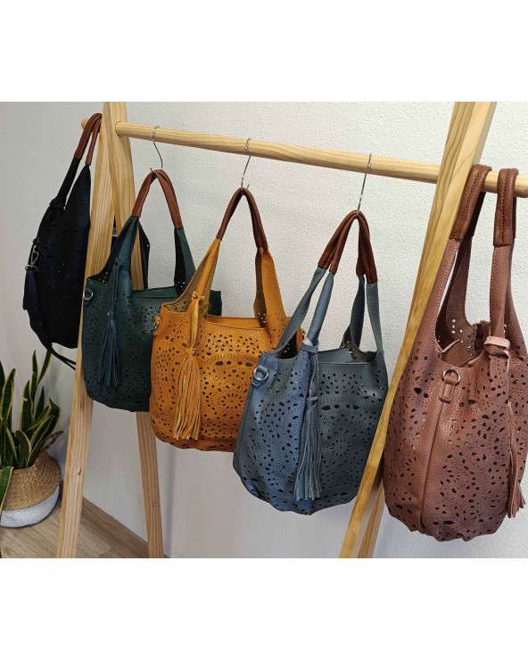 Bolso Troquelado Alegria con borla y doble asa