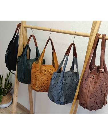 Bolso Troquelado Alegria con borla y doble asa