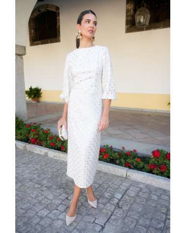 Conjunto Runa blanco bordado con manga francesa. Invitada de boda.