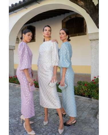 Conjunto Runa blanco bordado con manga francesa. Invitada de boda.