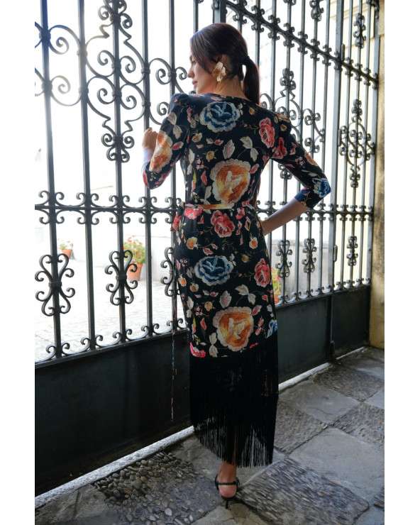 Vestido Freya Manton negro estampado con flecos