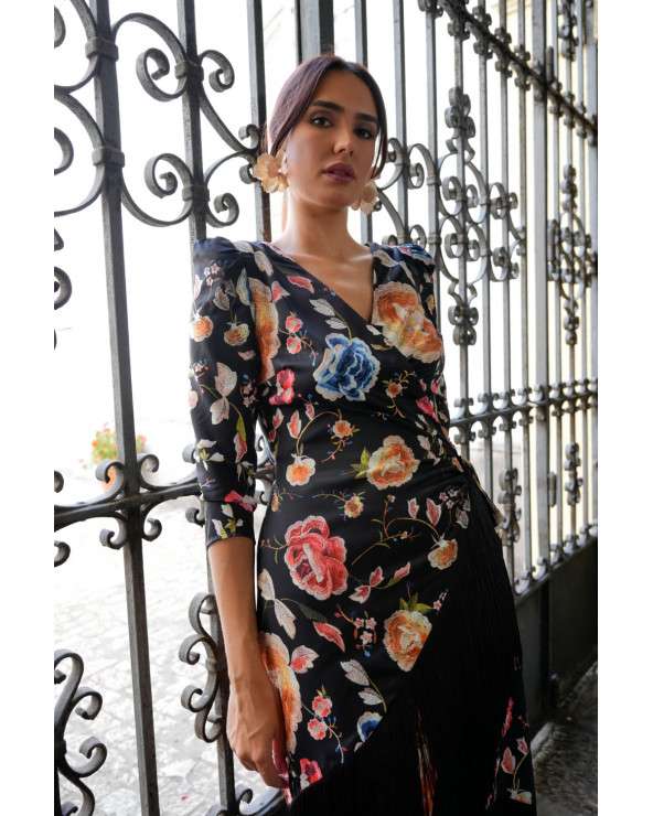 Vestido Freya Manton negro estampado con flecos