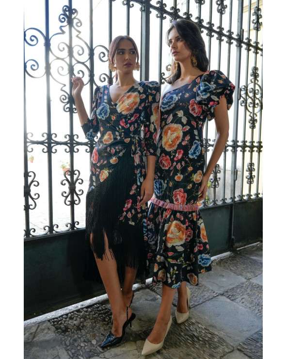 Vestido Freya Manton negro estampado con flecos