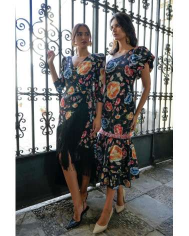 Vestido Freya Manton negro estampado con flecos