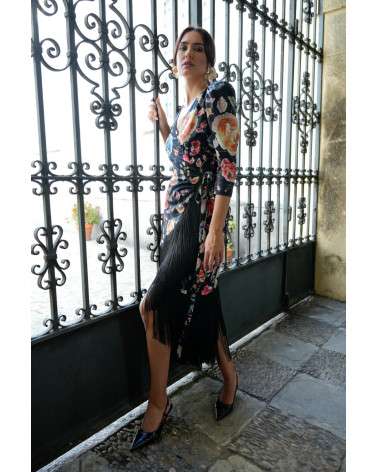 Vestido Freya Manton negro estampado con flecos