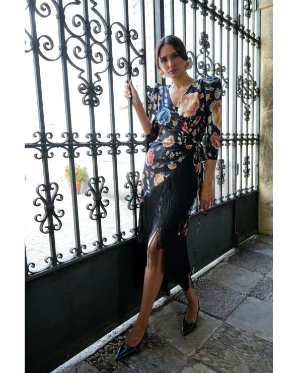 Vestido Freya Manton negro estampado con flecos