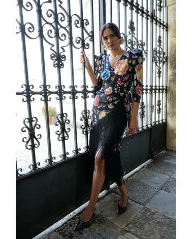 Vestido Freya Manton negro estampado con flecos