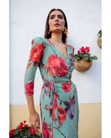 Vestido Freya Flores verde agua con flecos. Invitada original