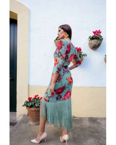 Vestido Freya Flores verde agua con flecos. Invitada original
