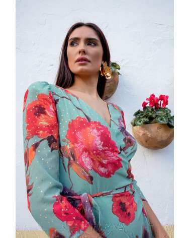 Vestido Freya Flores verde agua con flecos. Invitada original