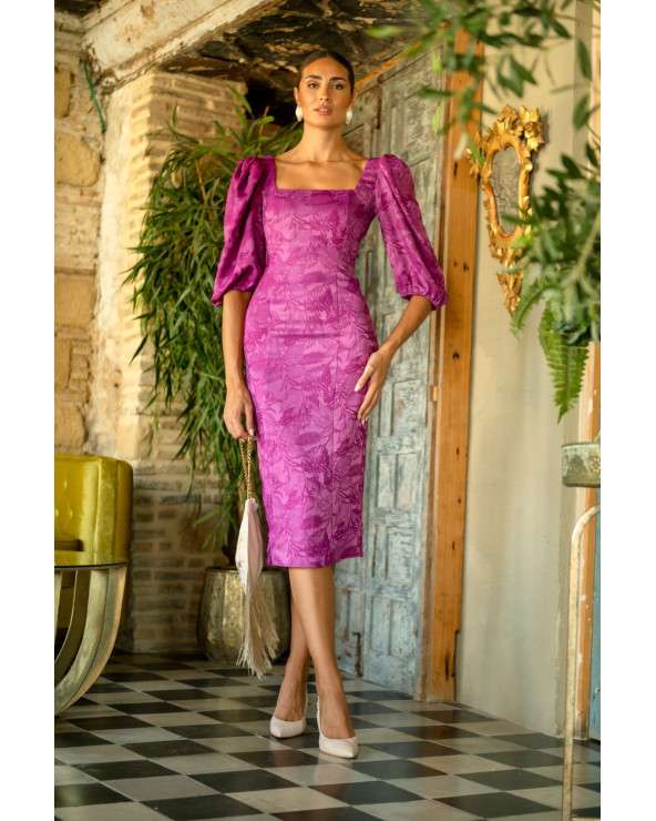 Vestido Ela midi buganvilla con manga abullonada. Invitada Elegante