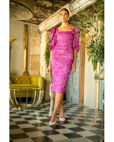 Vestido Ela midi buganvilla con manga abullonada. Invitada Elegante