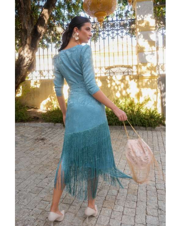 Vestido Elda Verde con flecos. Invitada Elegante.