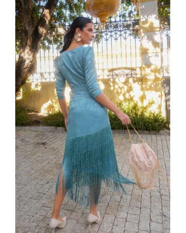 Vestido Elda Verde con flecos. Invitada Elegante.