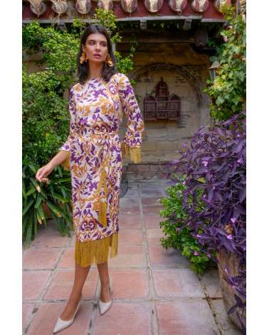 Vestido Eira ramas. Estampado mostaza morado flecos